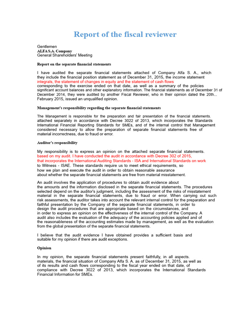 Model of Auditor's Report | PDF | Audit | Internal Control
