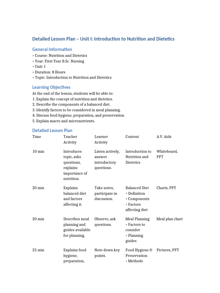 Introduction to Nutrition and Dietetics Lesson Plan | PDF