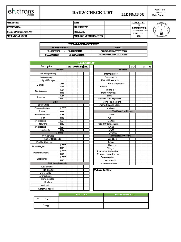 Daily Vehicle Inspection Checklist | PDF | Vehicles | Engines