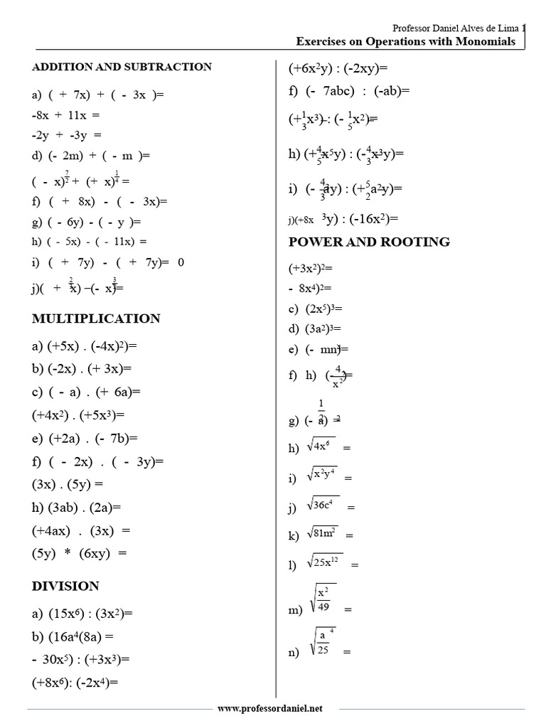 Exercises Monomial Operations | PDF