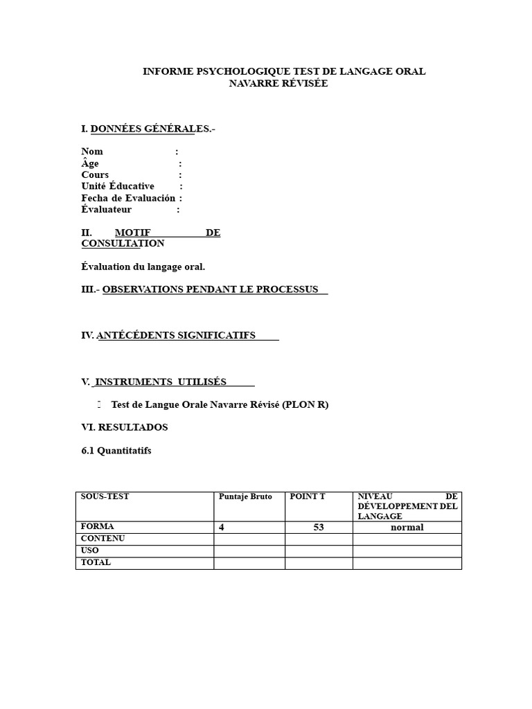 Évaluation du Langage Oral : Test Navarre | PDF