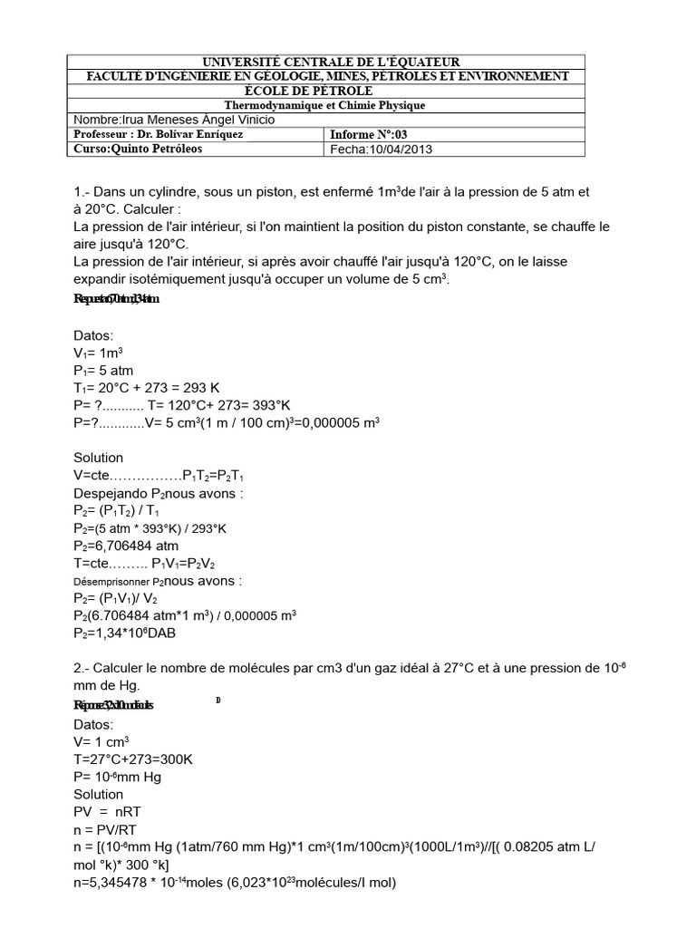 Calculs de thermodynamique et chimie physique | PDF | Atmosphère de la ...