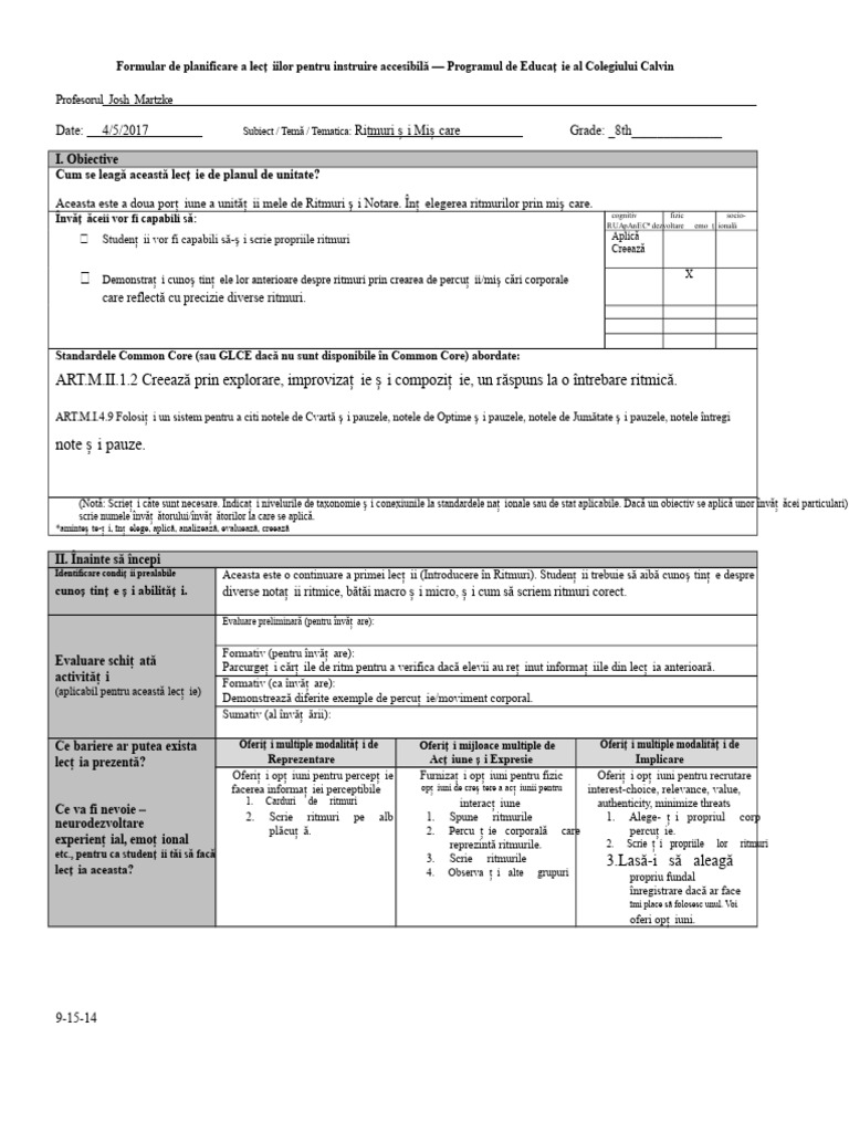 Plan de Lecție 2 - Ritmuri Și Mișcare | PDF