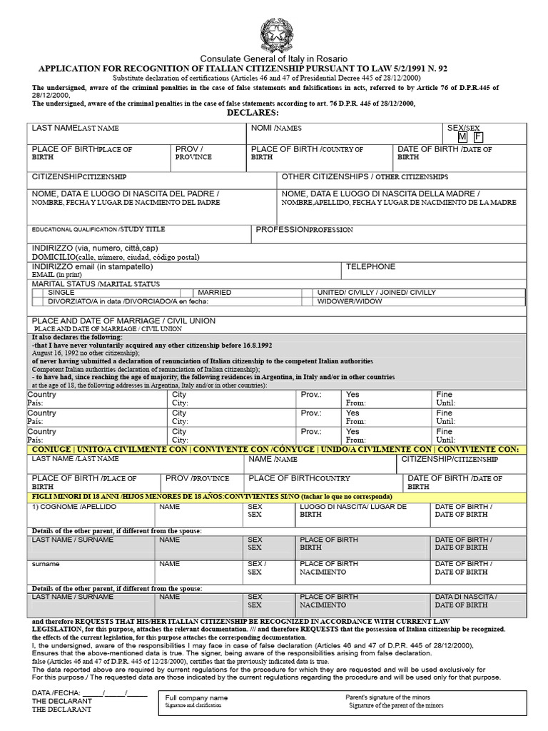 Italian Citizenship Application Form | PDF | Government | Social ...