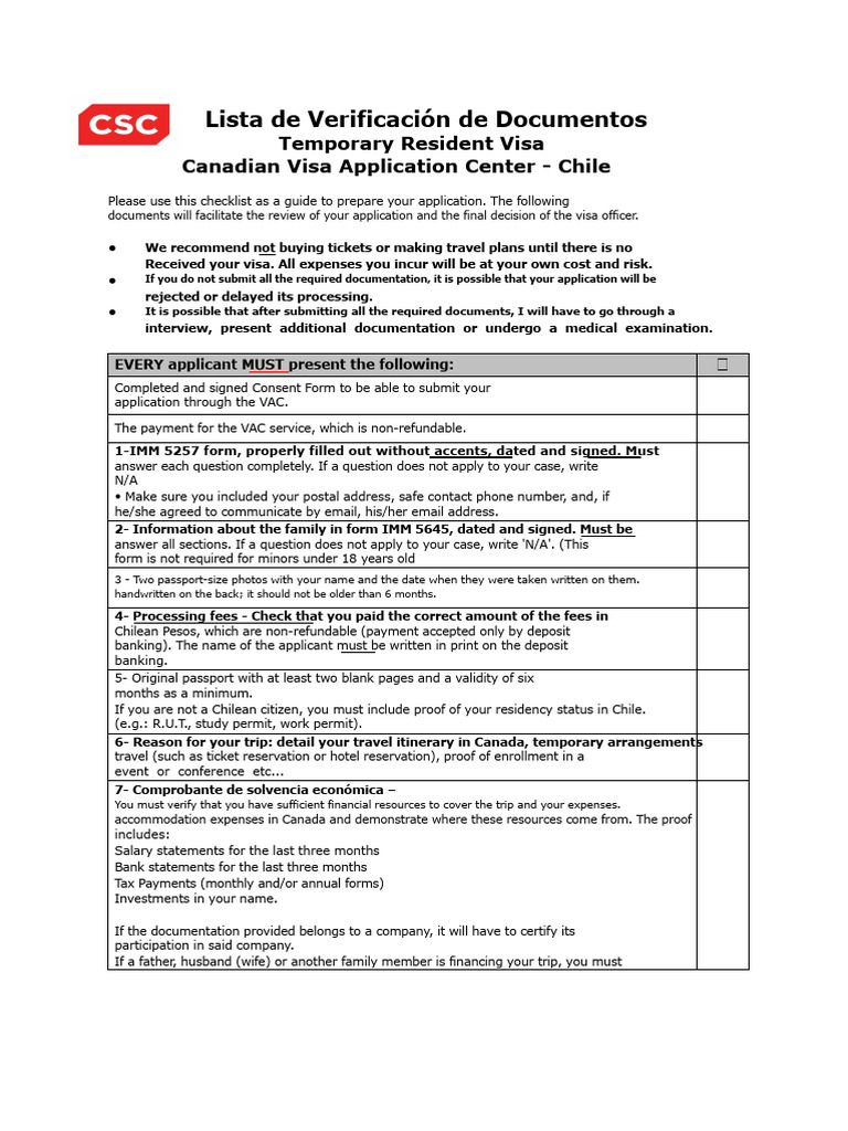 Canadian Visa Document Checklist | PDF | Travel Visa