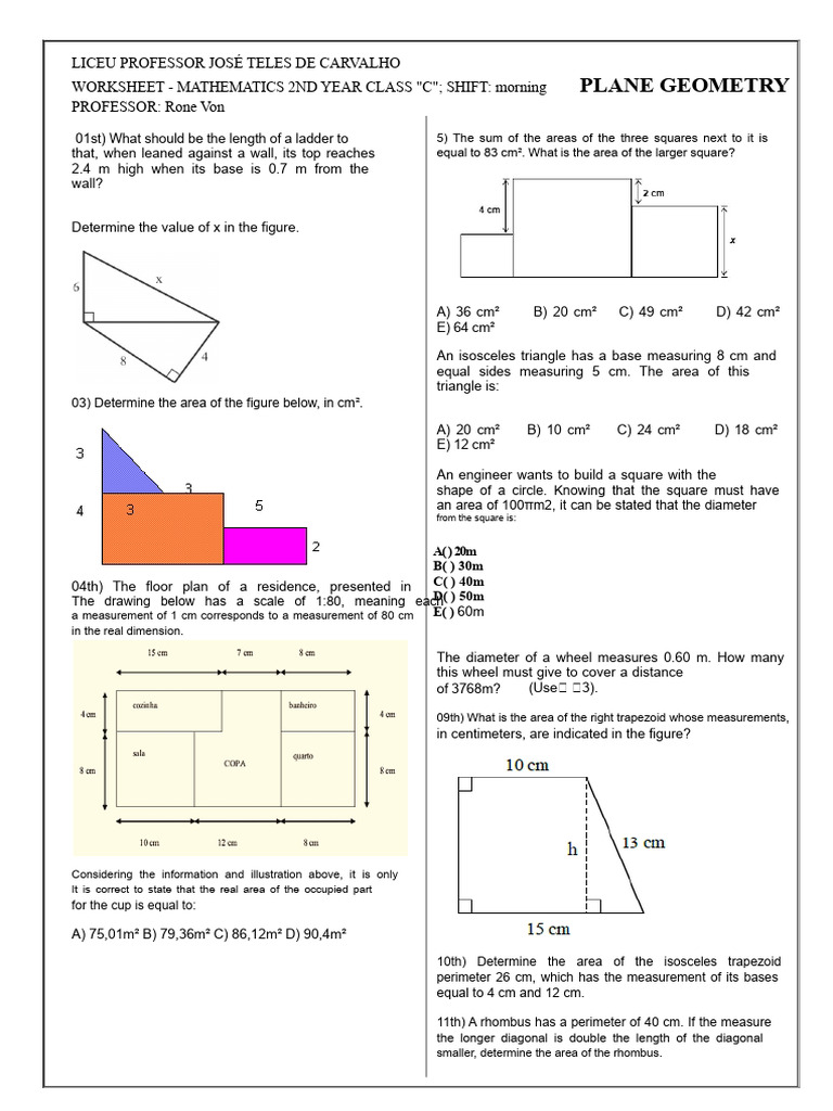 Plane Geometry Worksheet for 2nd Year | PDF | Area | Triangle