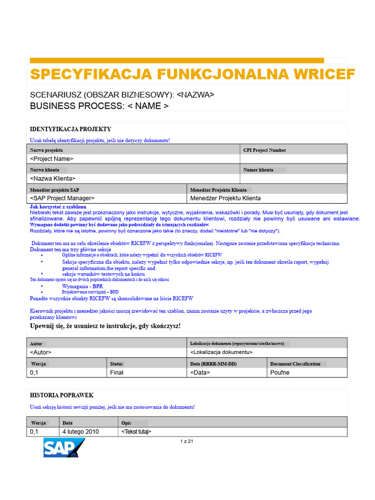 Szablon Specyfikacji Funkcjonalnej WRICEF | PDF