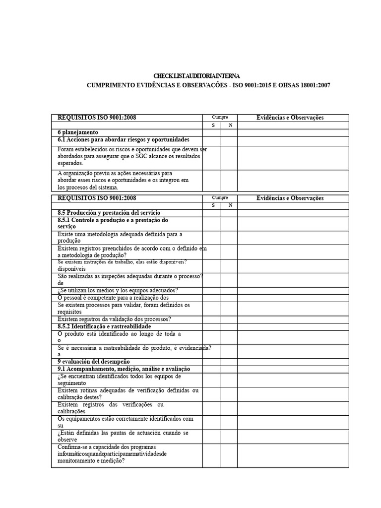 Checklist de Auditoria ISO 9001 e OHSAS 18001 | PDF | Gestão de qualidade