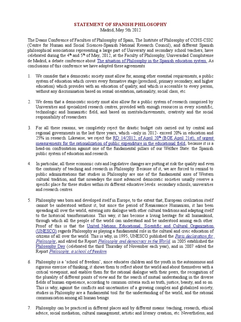 Statement of Spanish Philosophy (English) University Humanism