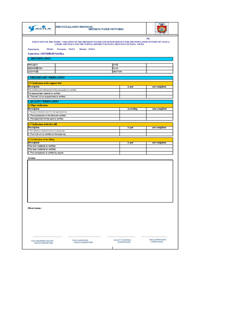 Drinking Water Pipe Installation Protocol | PDF