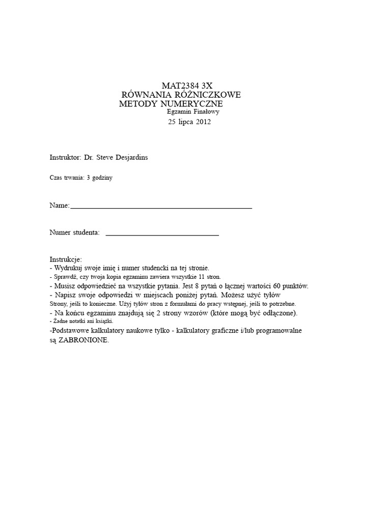 MAT 2384 Egzamin Końcowy Lato (2012) | PDF