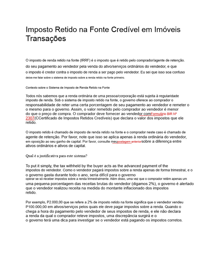 Imposto Retido na Fonte em Imóveis | PDF | Impostos | Mercado (economia)
