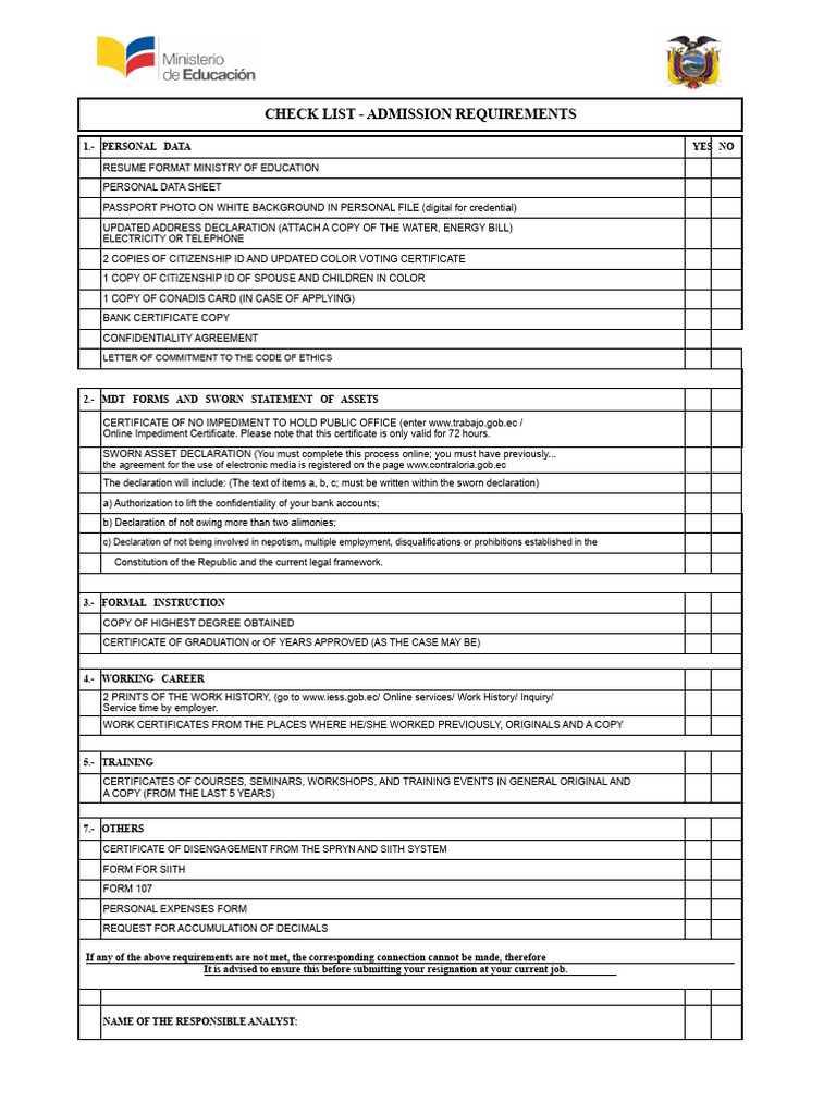 Admission Requirements Checklist | PDF | Government And Personhood