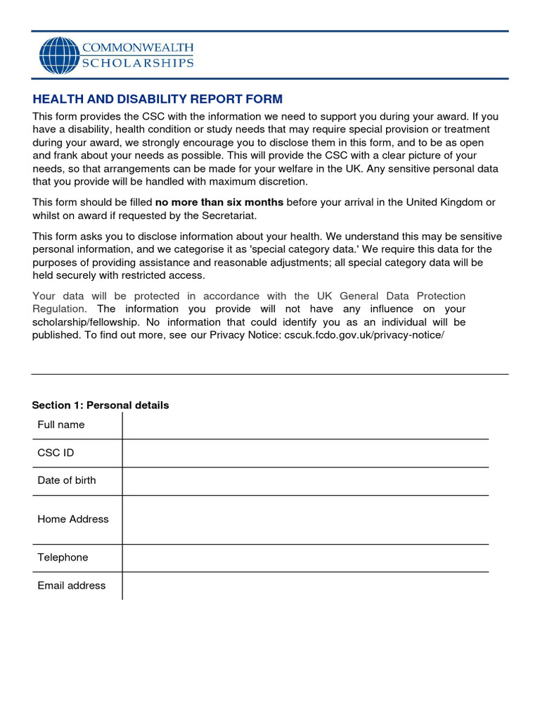 Health and Disability Support Form | PDF | Disability | Intellectual ...