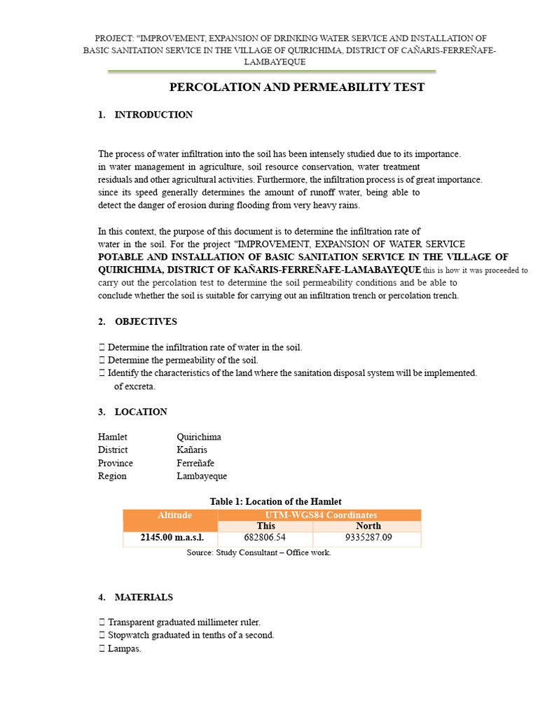 Percolation Test Results for Quirichima | PDF | Water | Soil