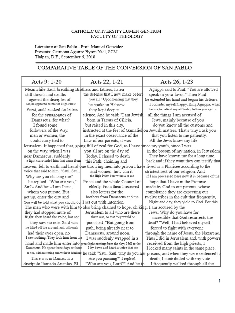 Comparative Table of The Conversion of St. Paul | PDF | Paul The ...