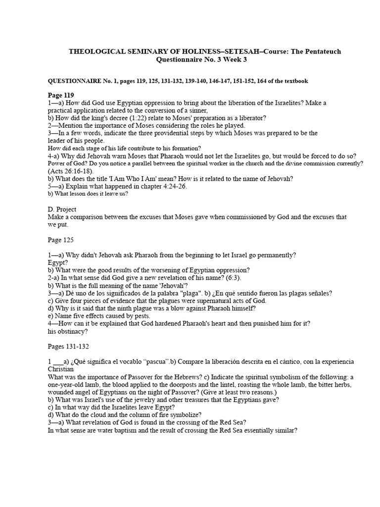 Pentateuch Questionnaire # 3 | PDF | Moses | Torah