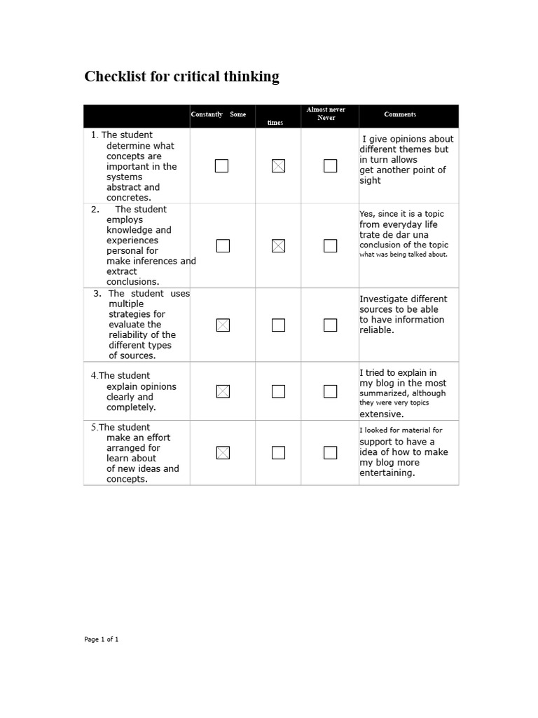 Critical Thinking Skills Checklist | PDF | Thought | Concept