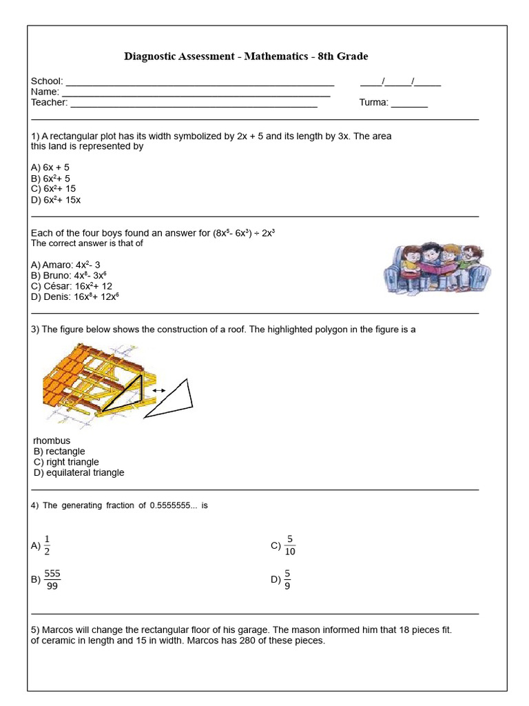 8th Grade Math Diagnostic Assessment | PDF | Area | Rectangle