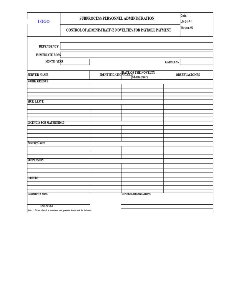 Payroll Administration Novelty Control Form | PDF