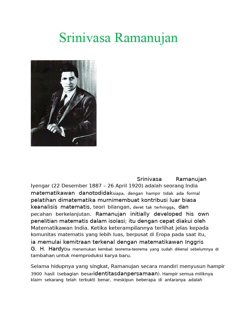 Biografi Singkat Srinivasa Ramanujan | PDF