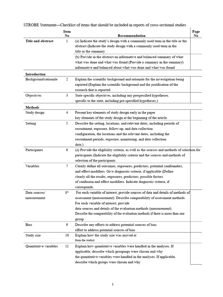 STROBE Checklist for Cross-Sectional Studies | PDF | Confounding ...
