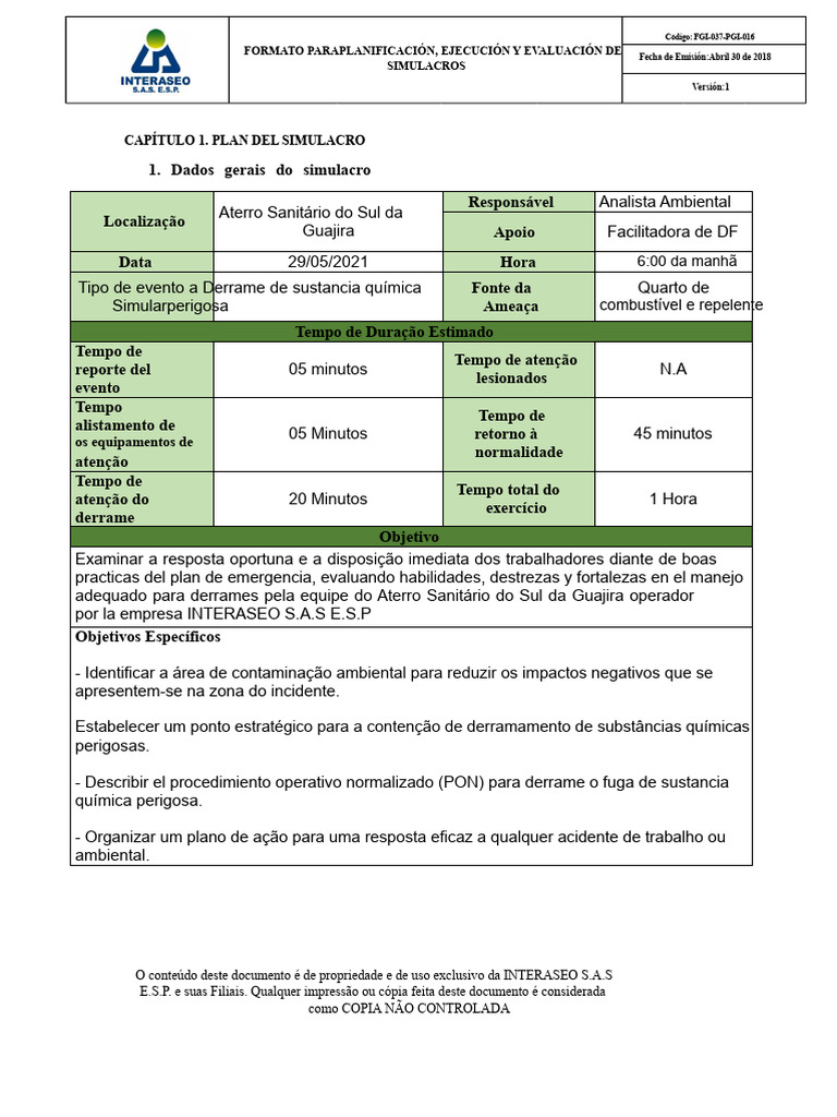 Simulacro de Derrame Químico: Plano e Execução | PDF | Desperdício