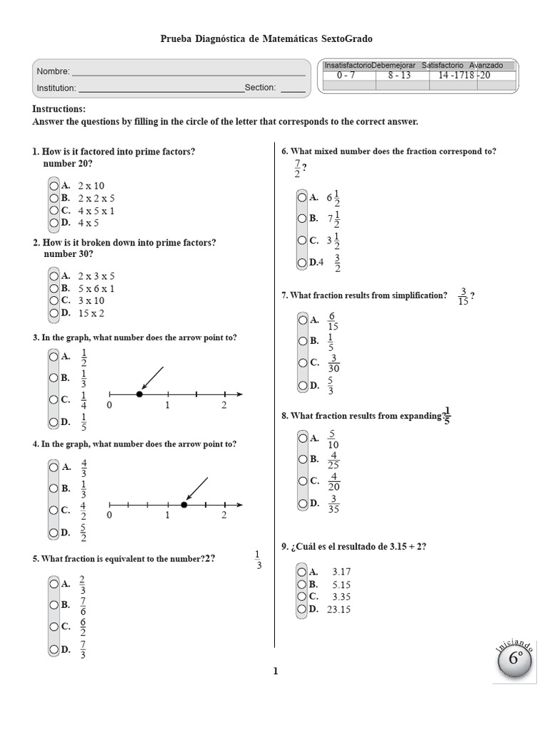 Diagnostic Test Sixth Grade | PDF | Numbers | Area