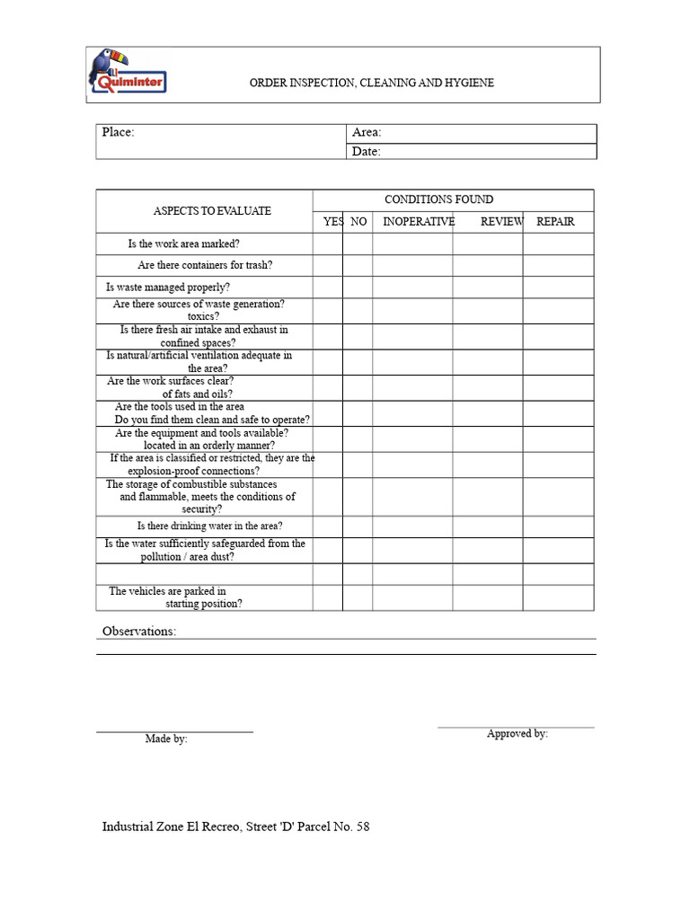 Workplace Hygiene Inspection Checklist | PDF
