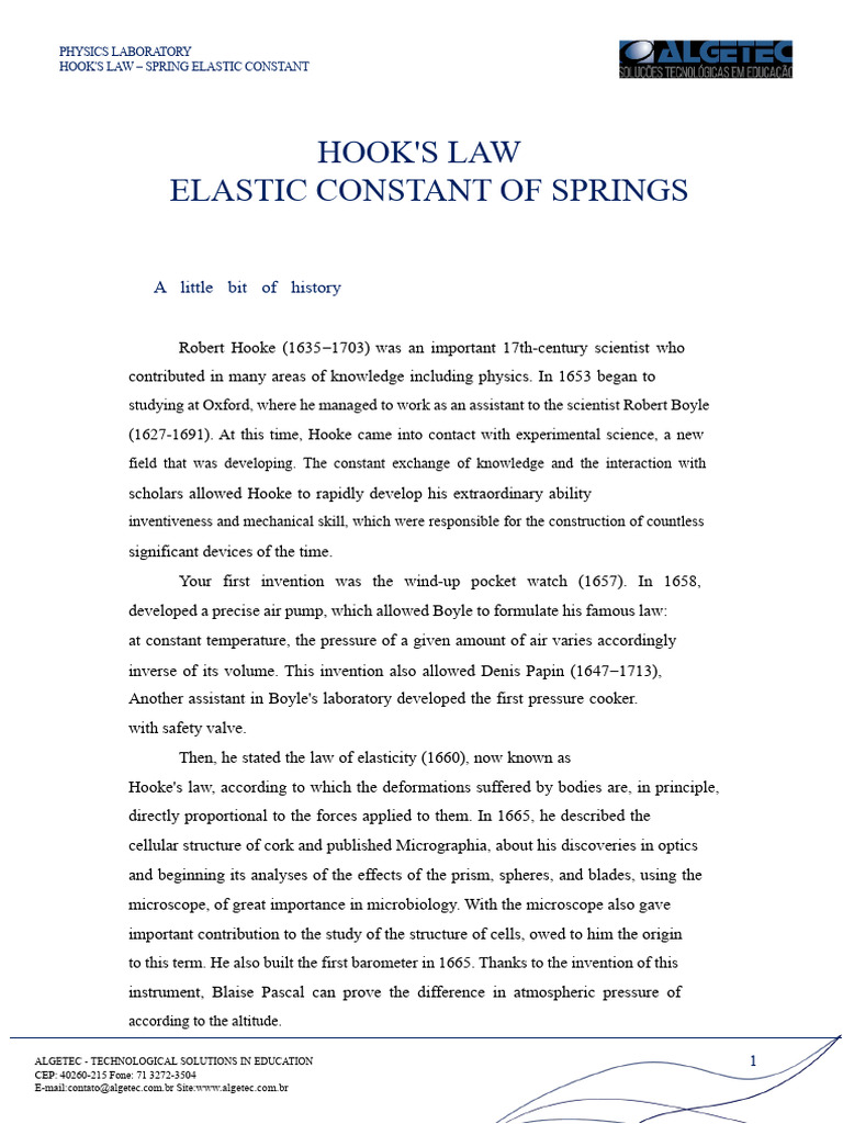Hooke's Law: Elastic Constant of Springs | PDF | Elasticity (Physics ...