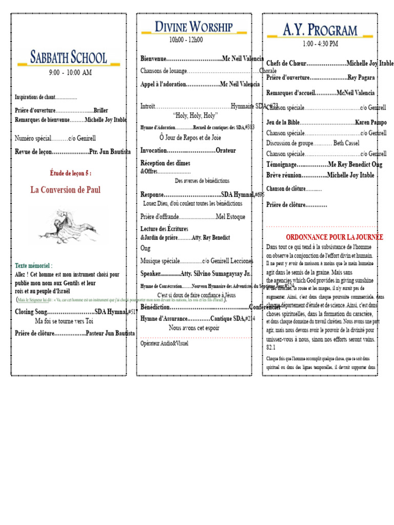 Programme du Sabbat et Activités Église | PDF