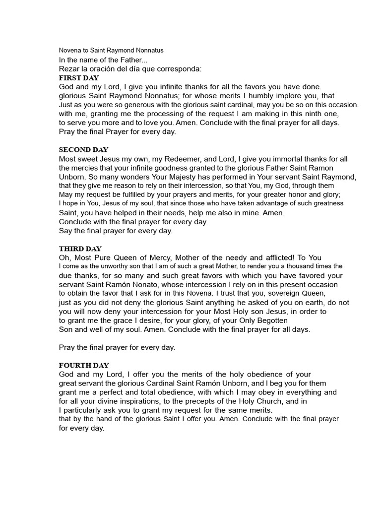 Novena Prayer to Saint Raymond Nonnatus | PDF | Prayer | Saint
