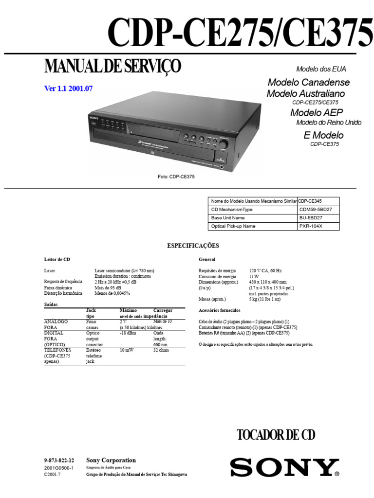 Manual de Serviço Sony-CDP-CE275 | PDF | Rede elétrica | Eletrônicos