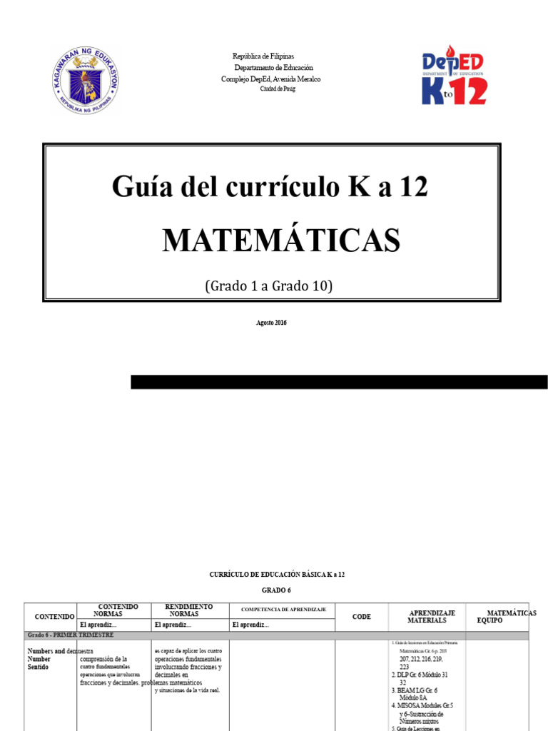 Guía Curricular Matemáticas Grado 6 K-12 | PDF | Sustracción | Plan de ...