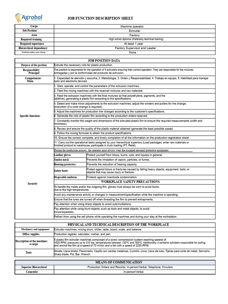Extruder Machine Operator Job Description | PDF | Extrusion ...