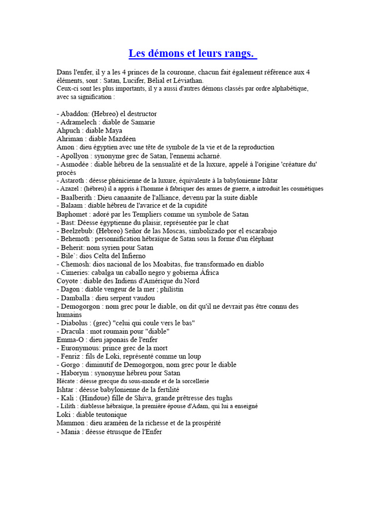 Rangs et noms des démons célèbres | PDF | Diable | Satan