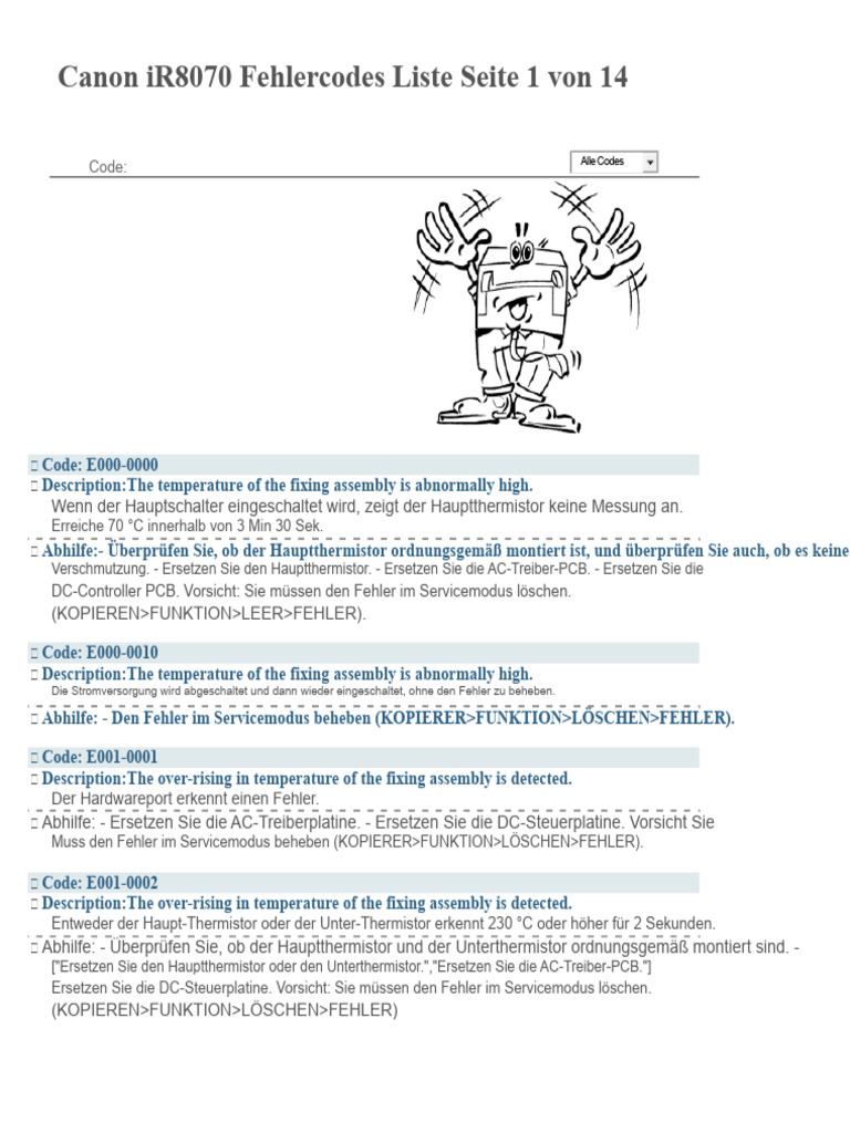 Canon IR8070 Fehlercodes Liste | PDF