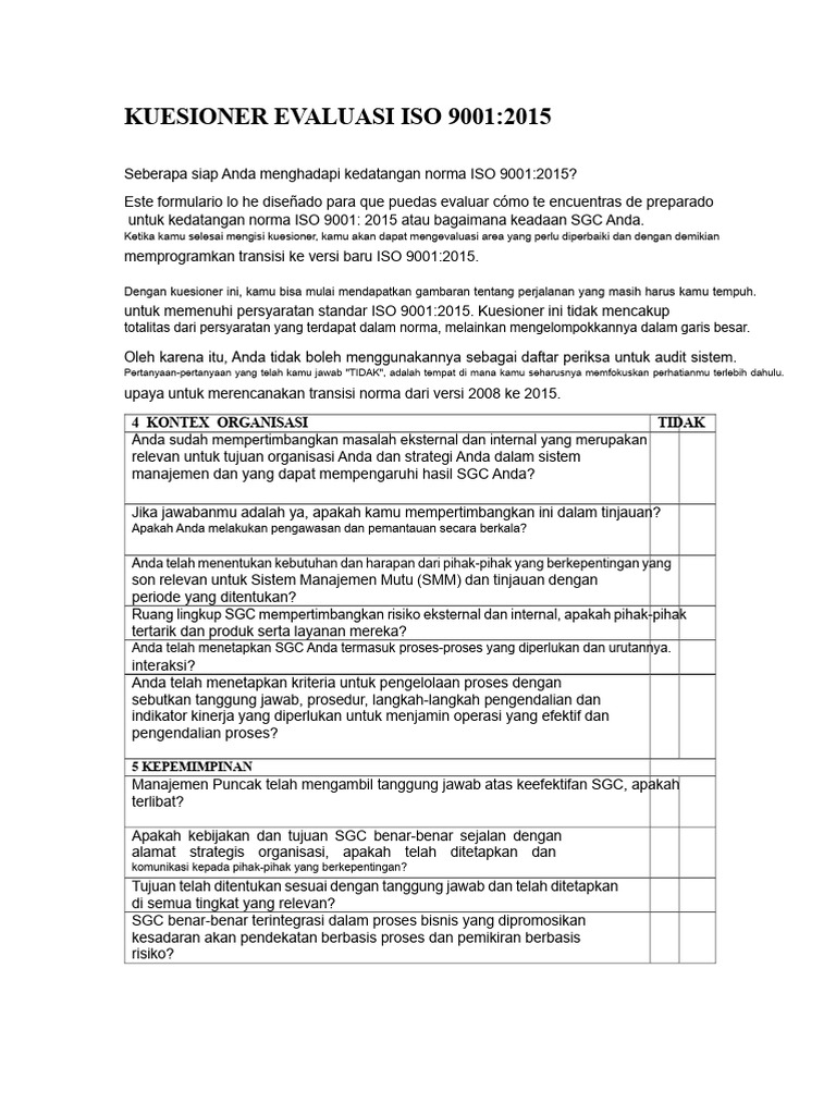 Kuesioner Evaluasi ISO 9001:2015 | PDF