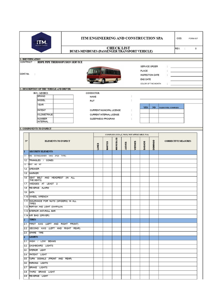 Minibus Inspection Checklist Template | PDF | Car | Vehicles