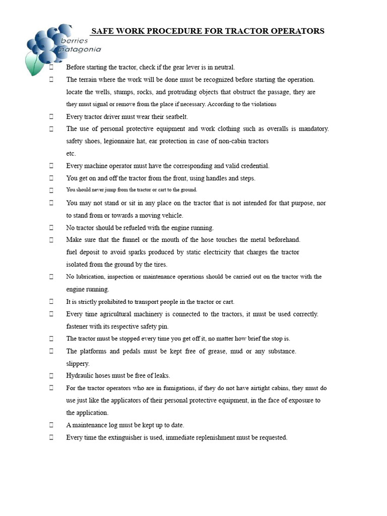 Safe Work Procedure For Tractor Operators | PDF