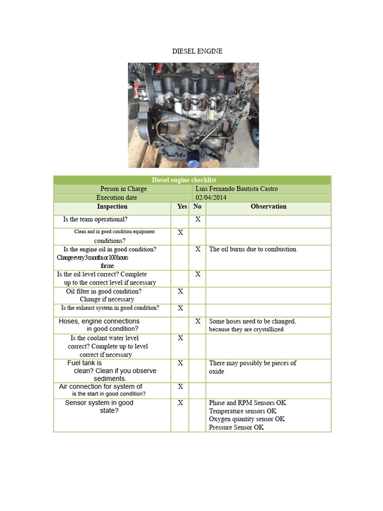 Diesel Engine Inspection Checklist | PDF
