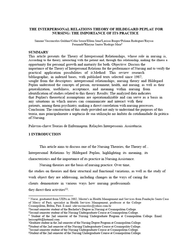 Peplau's Interpersonal Relations in Nursing | PDF | Theory | Nursing