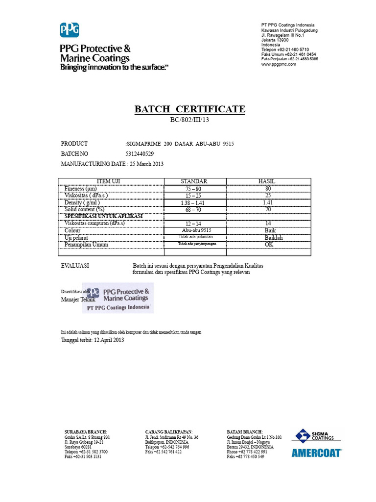 Sertifikat Batch SIGMAPRIME 200 PPG | PDF
