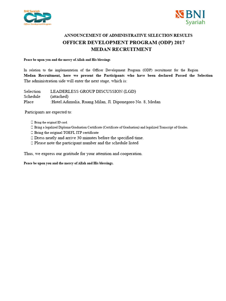 Announcement of ODP 6 Administration Results - Medan | PDF