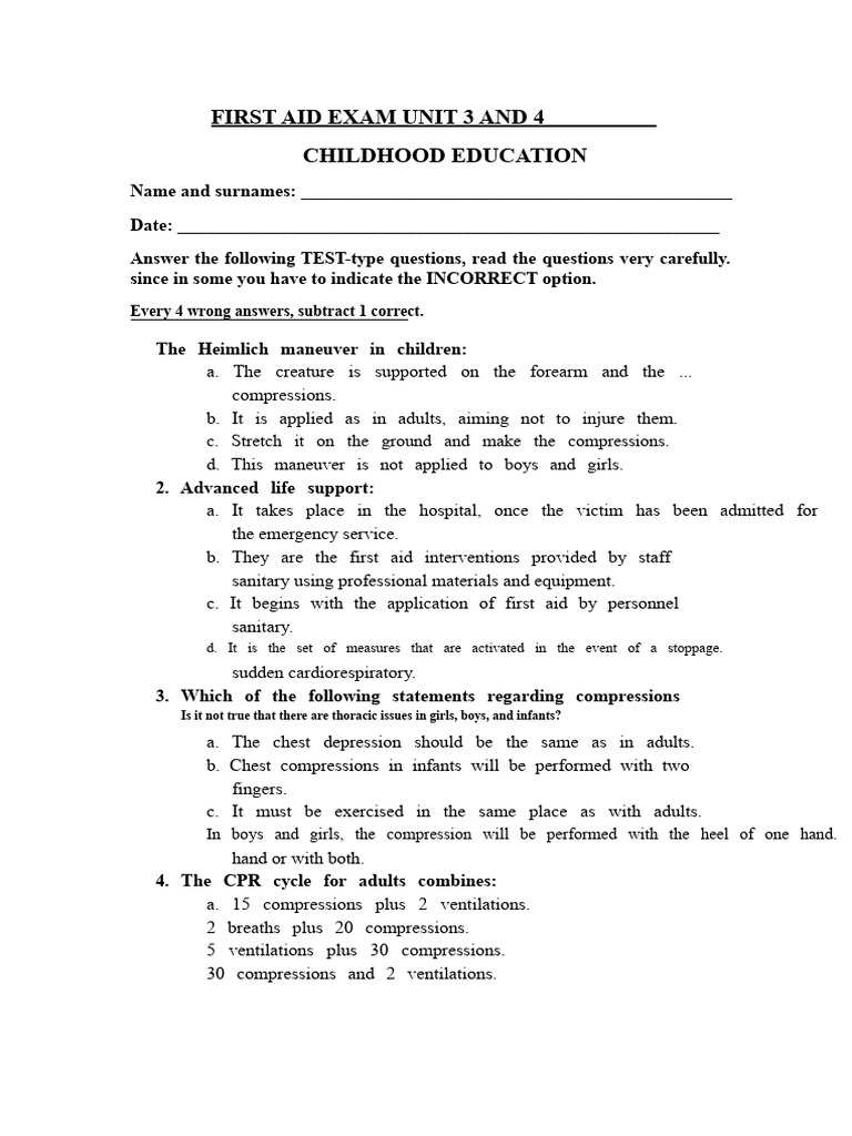 First Aid Exam for Childhood Education | PDF | Cardiopulmonary ...