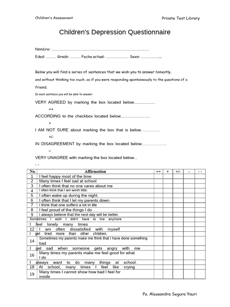 Children's Depression Questionnaire (CDS) | PDF | Major Depressive ...