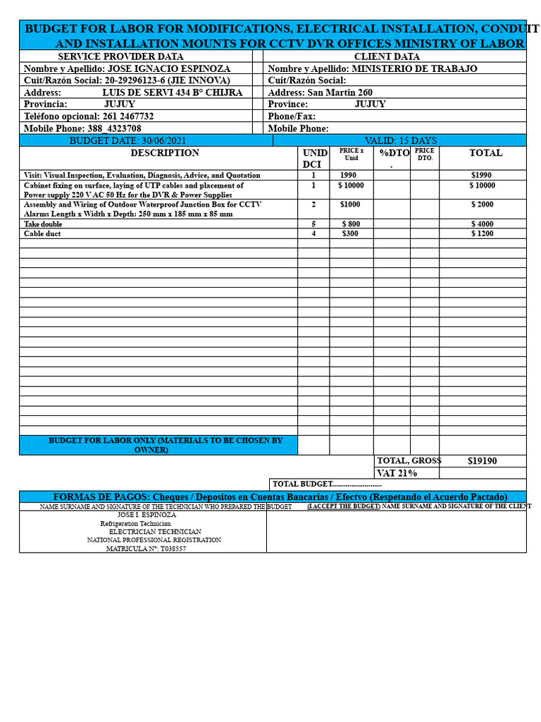 View of Labor Budget For Modifications, Electrical Installation, Channeling ...