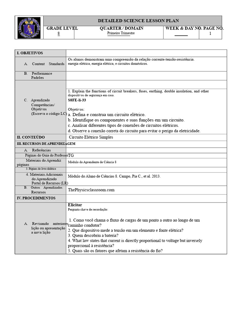 Plano de Aula: Circuitos Elétricos 8º Ano | PDF | Eletricidade | Rede ...