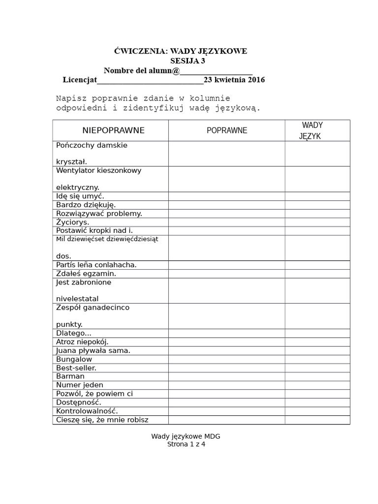 Ćwiczenie Dotyczące Wad Językowych | PDF