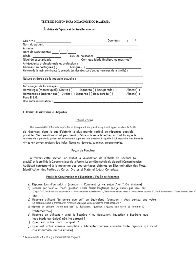 Diagnostic de l'Aphasie : Test de Boston | PDF | Lion | Aphasie
